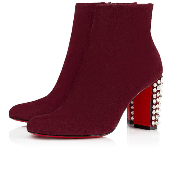 Christian Louboutin Suzi Folk 85 Prunus Red Suede Spike Ankle Heel Bootie 35.5 Shoes